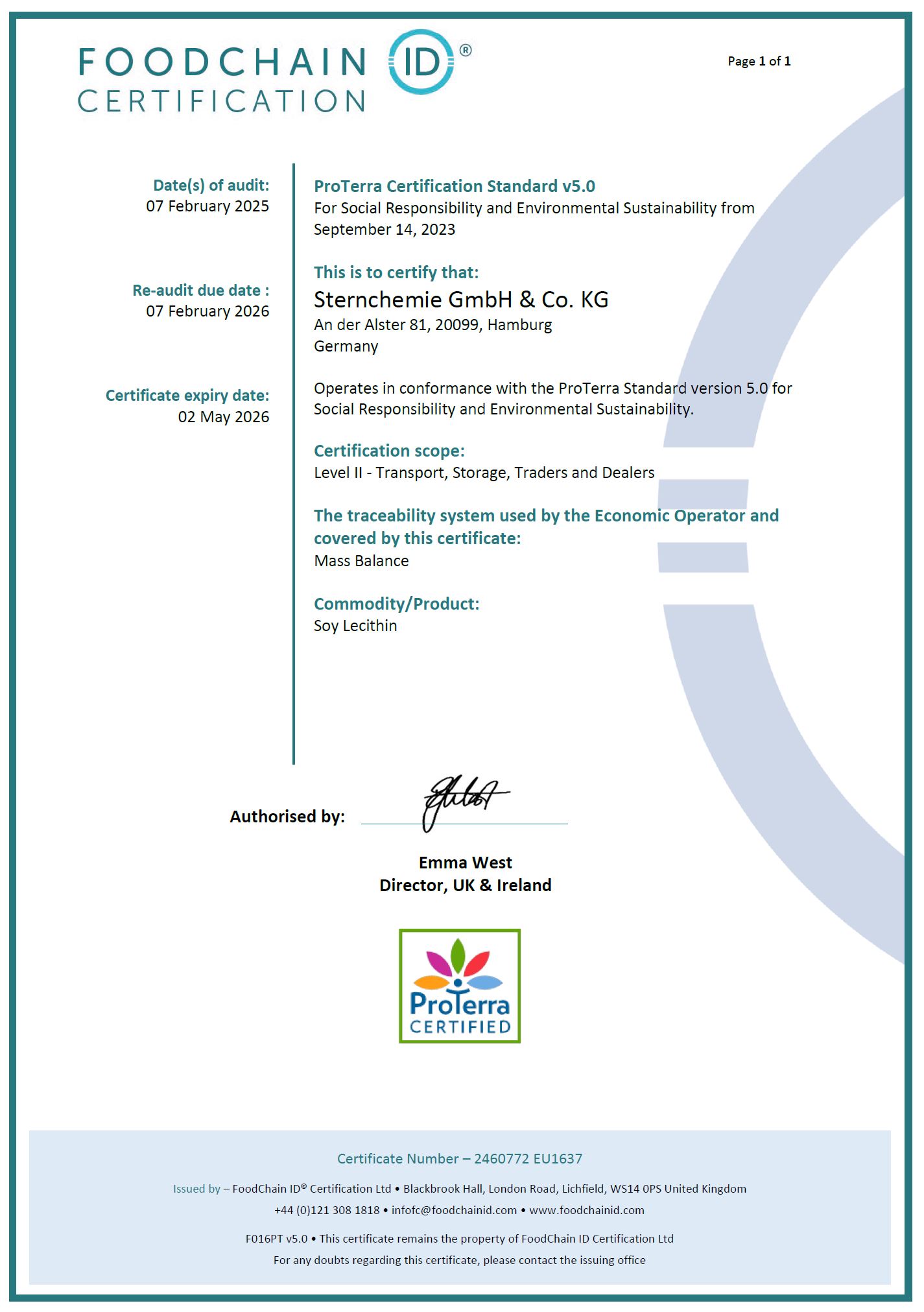 Sternchemie ProTerra Certificate