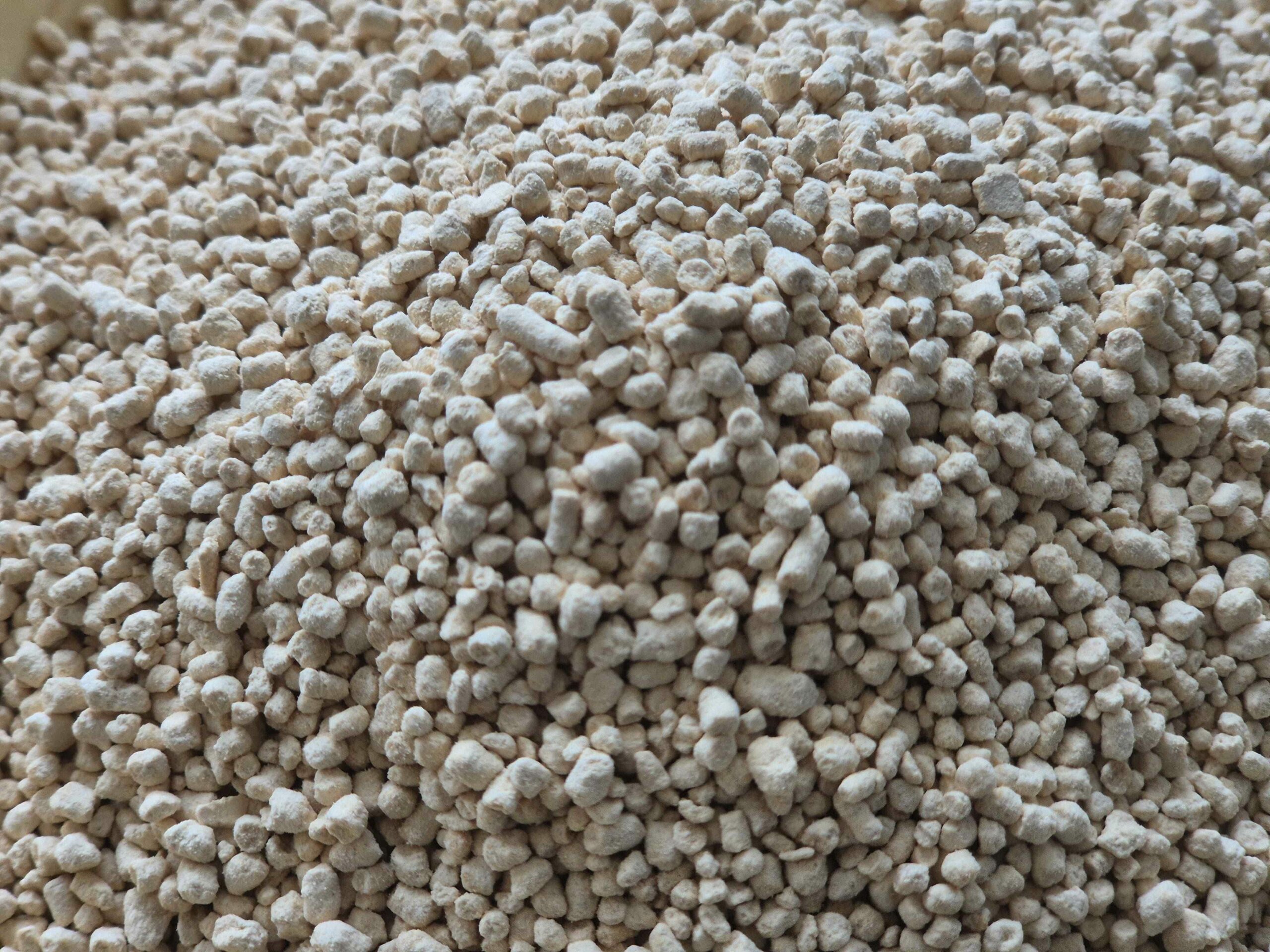 Closeup of lecithin granuels: small little brickletts of lecithin in a golden, beige colour.